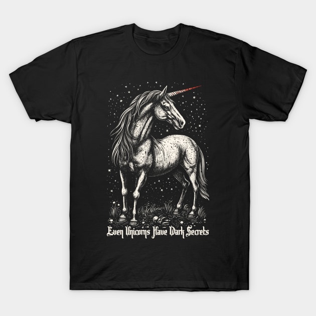 Even Unicorns Have Dark Secrets - Vintage Linocut Style Illustration Print T-Shirt by Space Surfer 